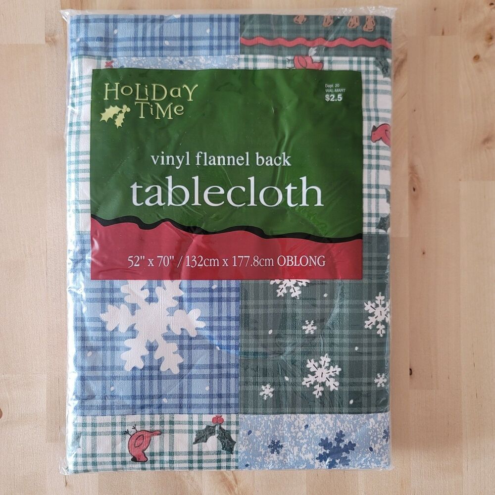 Christmas Tablecloth Flannel Backed Vinyl 52 x 70 Oblong Snowflakes Plaid Blue